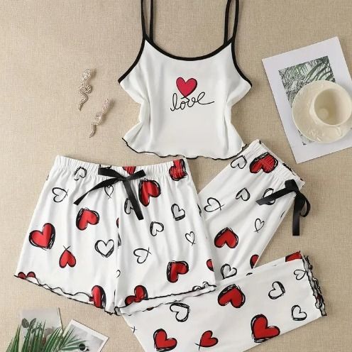 3pcs Women's Heart-Shaped Printed Vest Shorts Pants Paired Ribbed Sleep Swear Bow Tie Home Wear Set Casual Pajamas Set