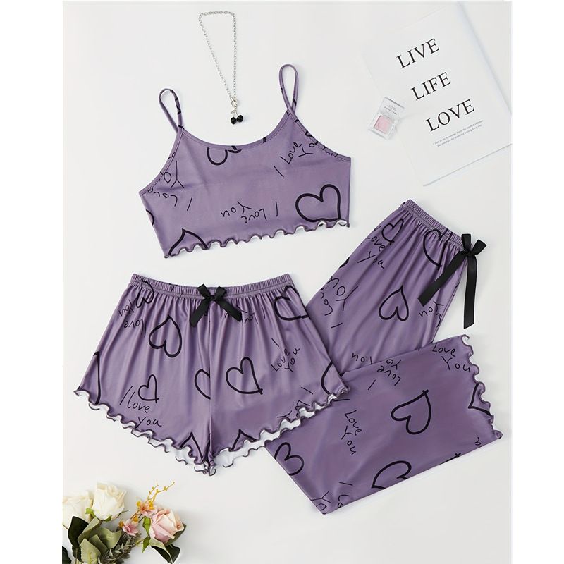 3pcs Women's Heart-Shaped Printed Vest Shorts Pants Paired Ribbed Sleep Swear Bow Tie Home Wear Set Casual Pajamas Set