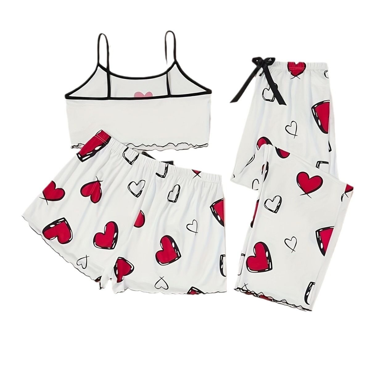 3pcs Women's Heart-Shaped Printed Vest Shorts Pants Paired Ribbed Sleep Swear Bow Tie Home Wear Set Casual Pajamas Set