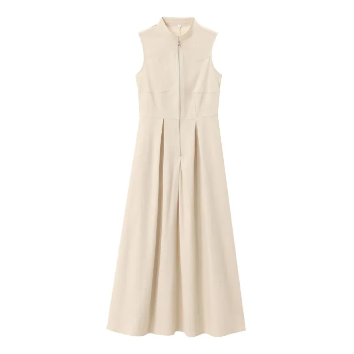 Fashion Sleeveless Spliced Zipper Maxi Dress Round Neck Elegant V-neck High Waist Slim Pleated New Fashion Sexy Vest Style Long Dresses Summer Office Lady Street Robes