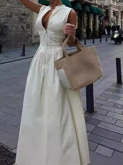 Fashion Sleeveless Spliced Zipper Maxi Dress Round Neck Elegant V-neck High Waist Slim Pleated New Fashion Sexy Vest Style Long Dresses Summer Office Lady Street Robes