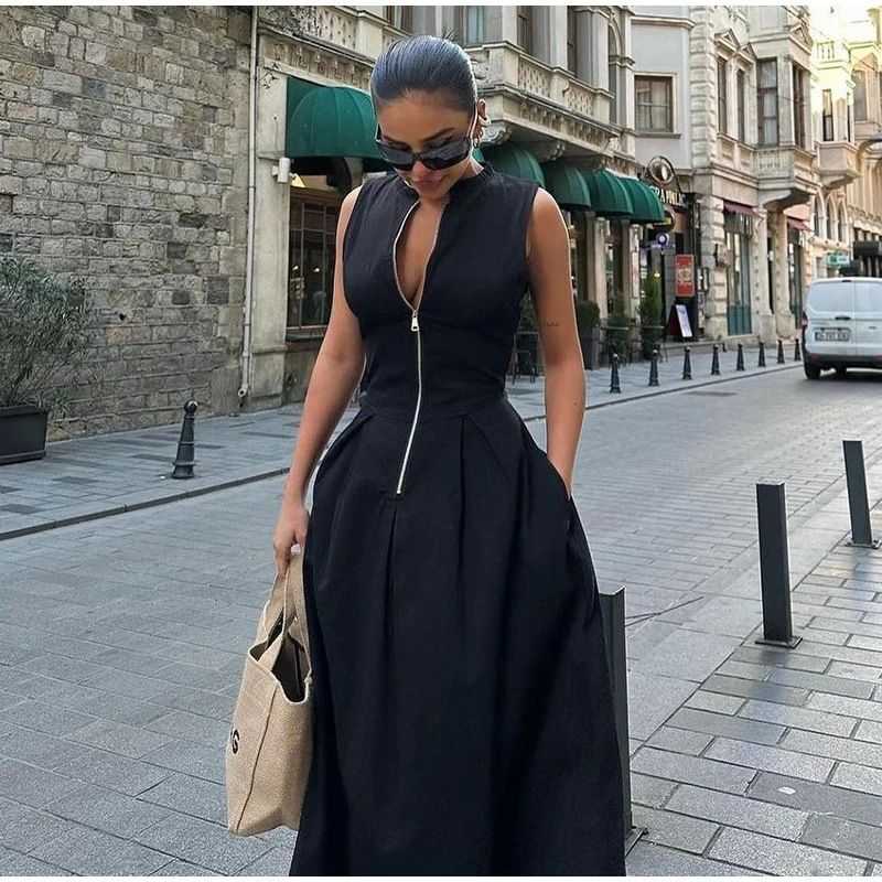 Fashion Sleeveless Spliced Zipper Maxi Dress Round Neck Elegant V-neck High Waist Slim Pleated New Fashion Sexy Vest Style Long Dresses Summer Office Lady Street Robes