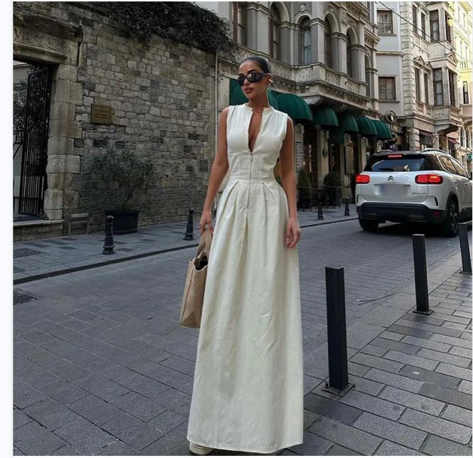 Fashion Sleeveless Spliced Zipper Maxi Dress Round Neck Elegant V-neck High Waist Slim Pleated New Fashion Sexy Vest Style Long Dresses Summer Office Lady Street Robes