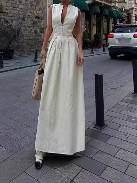 Fashion Sleeveless Spliced Zipper Maxi Dress Round Neck Elegant V-neck High Waist Slim Pleated New Fashion Sexy Vest Style Long Dresses Summer Office Lady Street Robes
