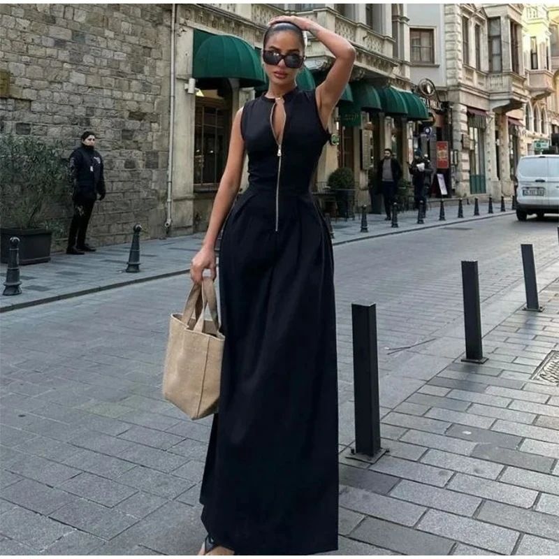 Fashion Sleeveless Spliced Zipper Maxi Dress Round Neck Elegant V-neck High Waist Slim Pleated New Fashion Sexy Vest Style Long Dresses Summer Office Lady Street Robes