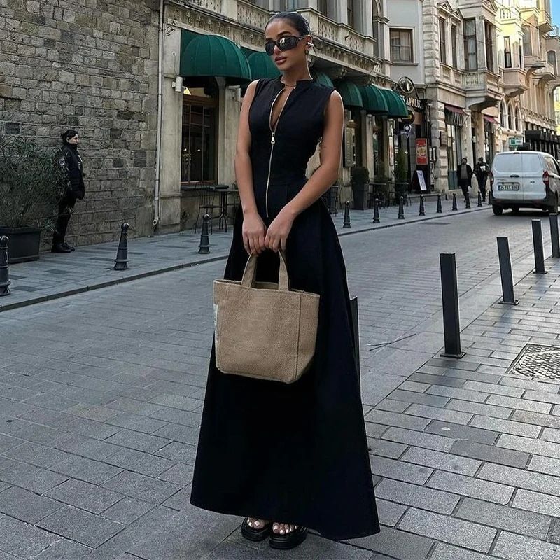 Fashion Sleeveless Spliced Zipper Maxi Dress Round Neck Elegant V-neck High Waist Slim Pleated New Fashion Sexy Vest Style Long Dresses Summer Office Lady Street Robes