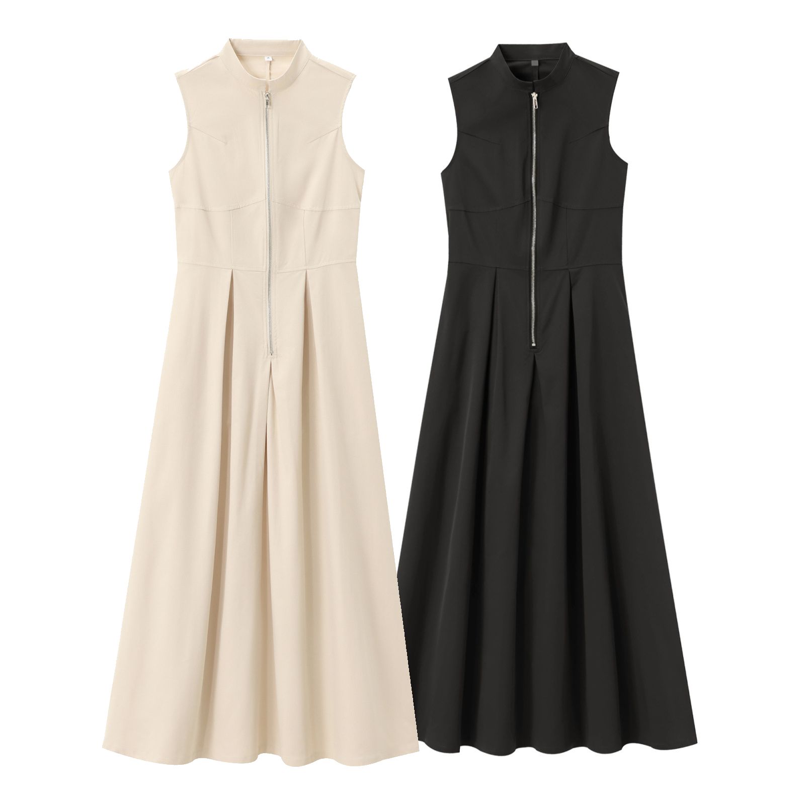 Fashion Sleeveless Spliced Zipper Maxi Dress Round Neck Elegant V-neck High Waist Slim Pleated New Fashion Sexy Vest Style Long Dresses Summer Office Lady Street Robes