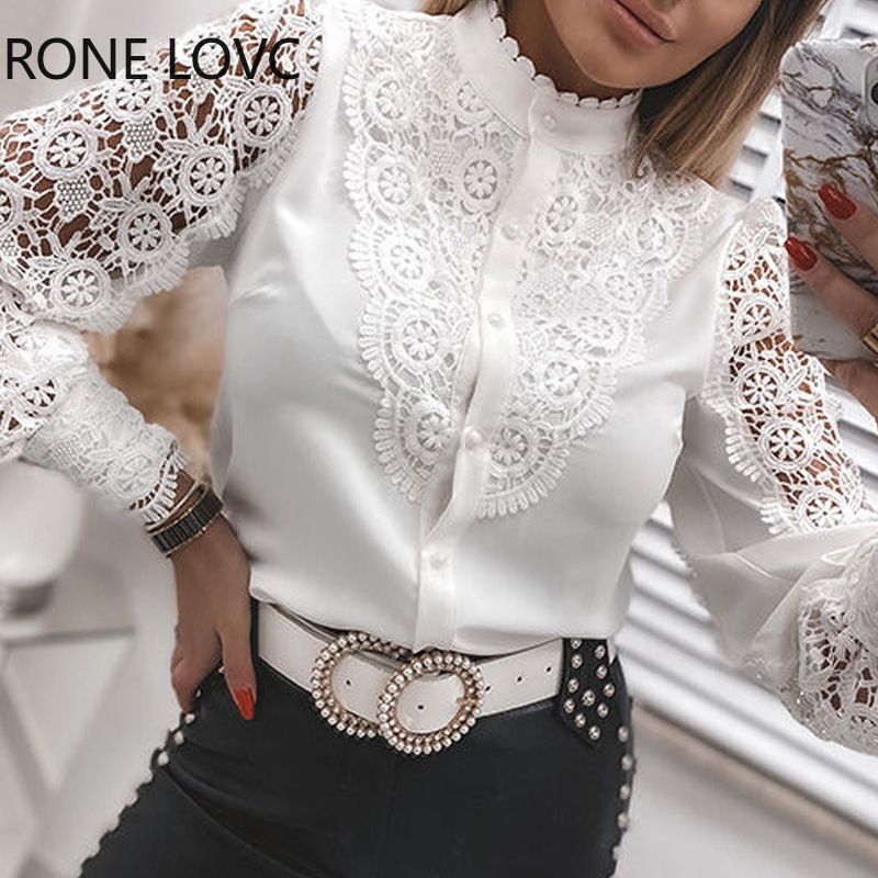 Women's Blouses White Office Spring Casual Button V-neck Stand Collar Long Sleeve Elegant Hook Flower Hollow Lace Shirt For Female