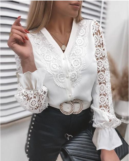 Women's Blouses White Office Spring Casual Button V-neck Stand Collar Long Sleeve Elegant Hook Flower Hollow Lace Shirt For Female
