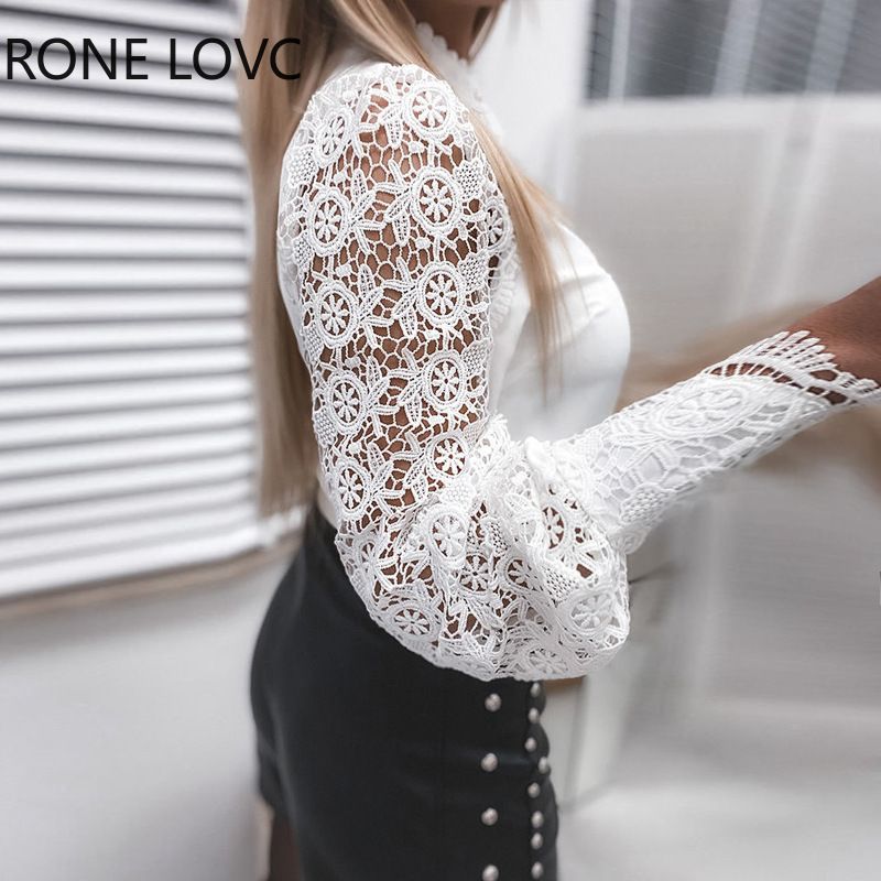 Women's Blouses White Office Spring Casual Button V-neck Stand Collar Long Sleeve Elegant Hook Flower Hollow Lace Shirt For Female