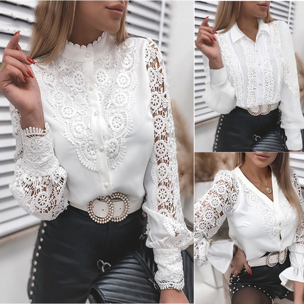 Women's Blouses White Office Spring Casual Button V-neck Stand Collar Long Sleeve Elegant Hook Flower Hollow Lace Shirt For Female