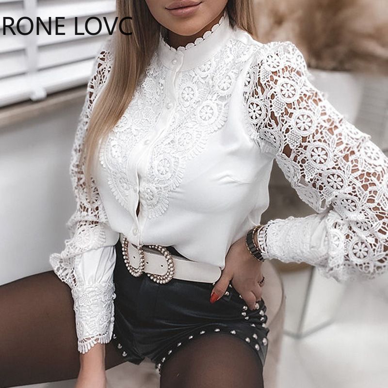 Women's Blouses White Office Spring Casual Button V-neck Stand Collar Long Sleeve Elegant Hook Flower Hollow Lace Shirt For Female