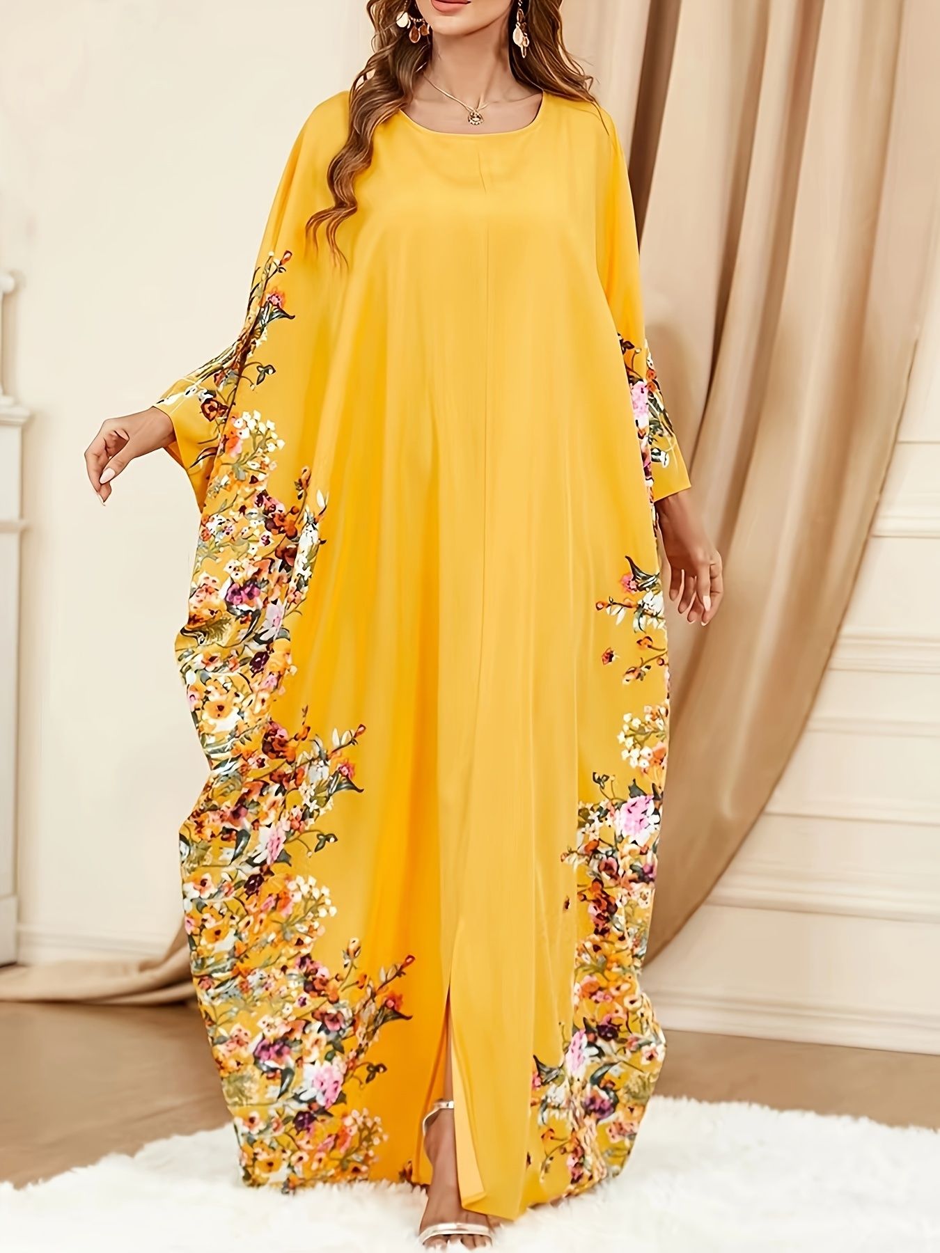 Floral Print Crew Neck Kaftan Abaya Muslim Clothing Elegant Batwing Sleeve Split Maxi Dress Robe Sleeves Loose Dress for Women