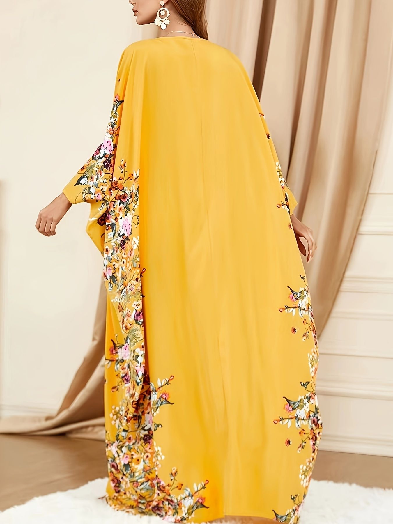 Floral Print Crew Neck Kaftan Abaya Muslim Clothing Elegant Batwing Sleeve Split Maxi Dress Robe Sleeves Loose Dress for Women