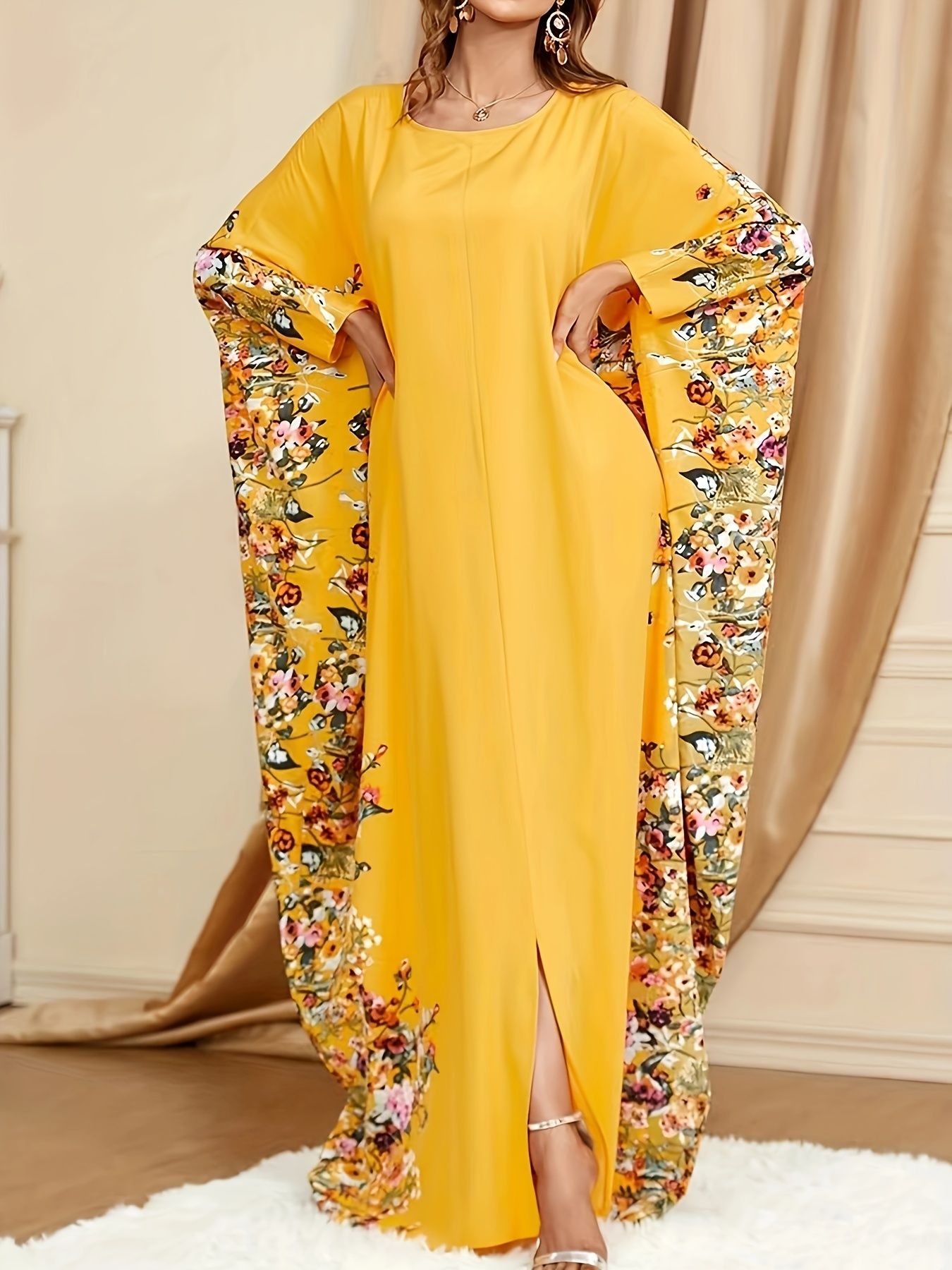 Floral Print Crew Neck Kaftan Abaya Muslim Clothing Elegant Batwing Sleeve Split Maxi Dress Robe Sleeves Loose Dress for Women