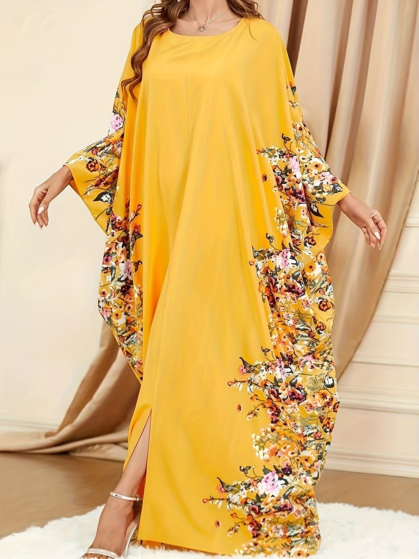 Floral Print Crew Neck Kaftan Abaya Muslim Clothing Elegant Batwing Sleeve Split Maxi Dress Robe Sleeves Loose Dress for Women