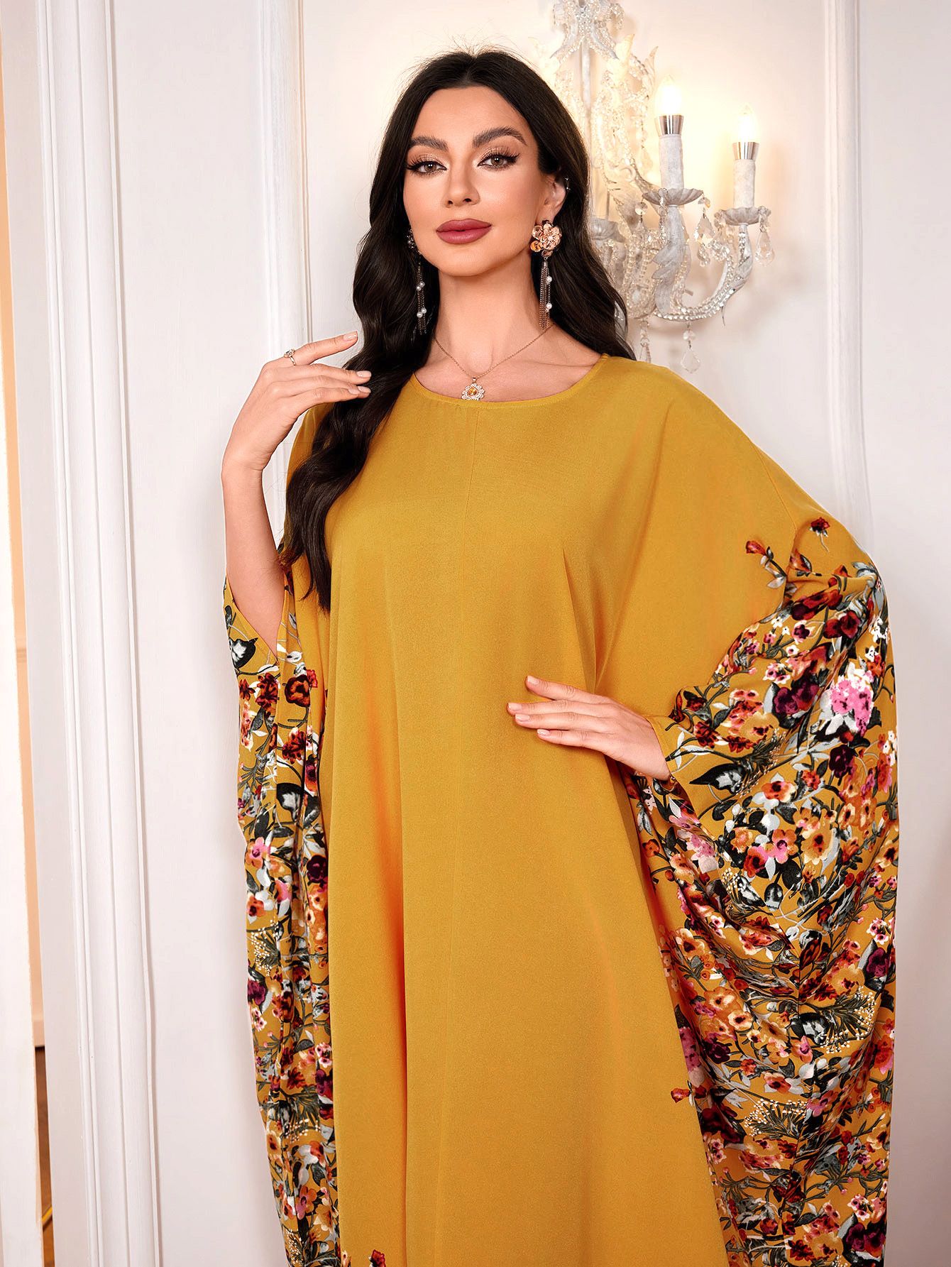 Floral Print Crew Neck Kaftan Abaya Muslim Clothing Elegant Batwing Sleeve Split Maxi Dress Robe Sleeves Loose Dress for Women