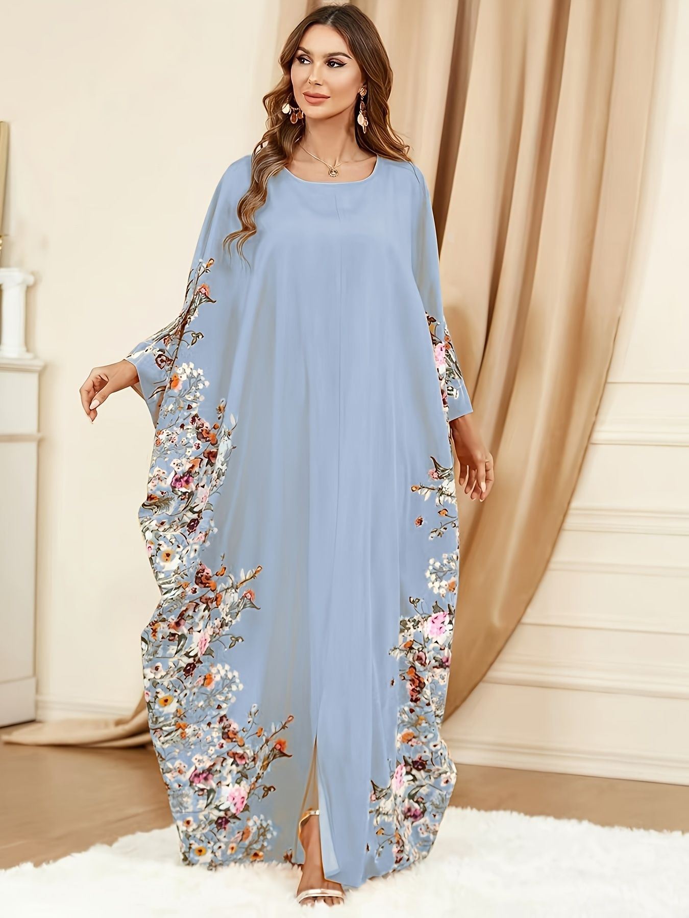 Floral Print Crew Neck Kaftan Abaya Muslim Clothing Elegant Batwing Sleeve Split Maxi Dress Robe Sleeves Loose Dress for Women