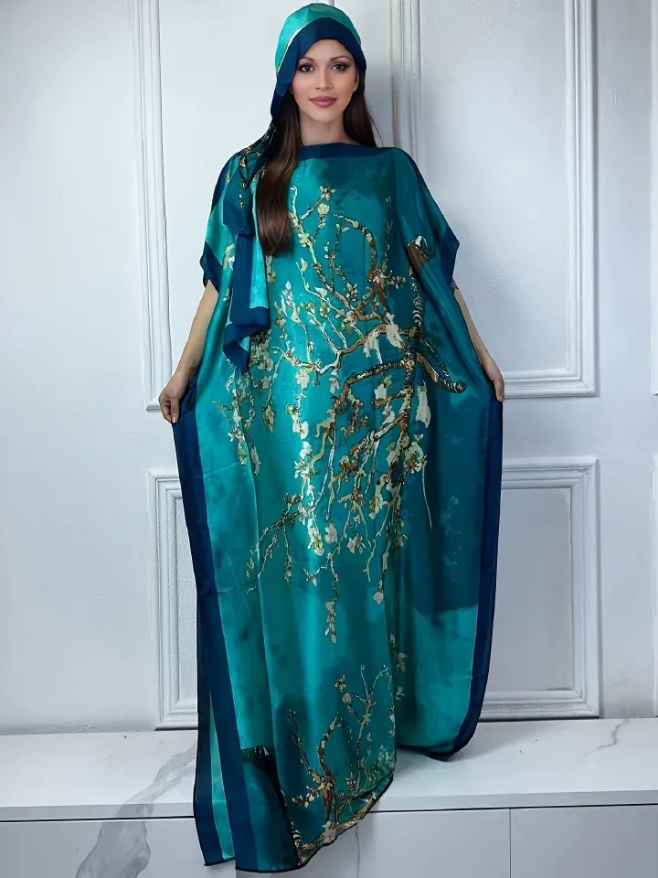 Africa Kaftan Tree Print Crew Neck Kaftan Dress Elegant Batwing Sleeve Loose Fit Maxi Dress With A Hijab Women's Abaya Robe silk feeling Dress
