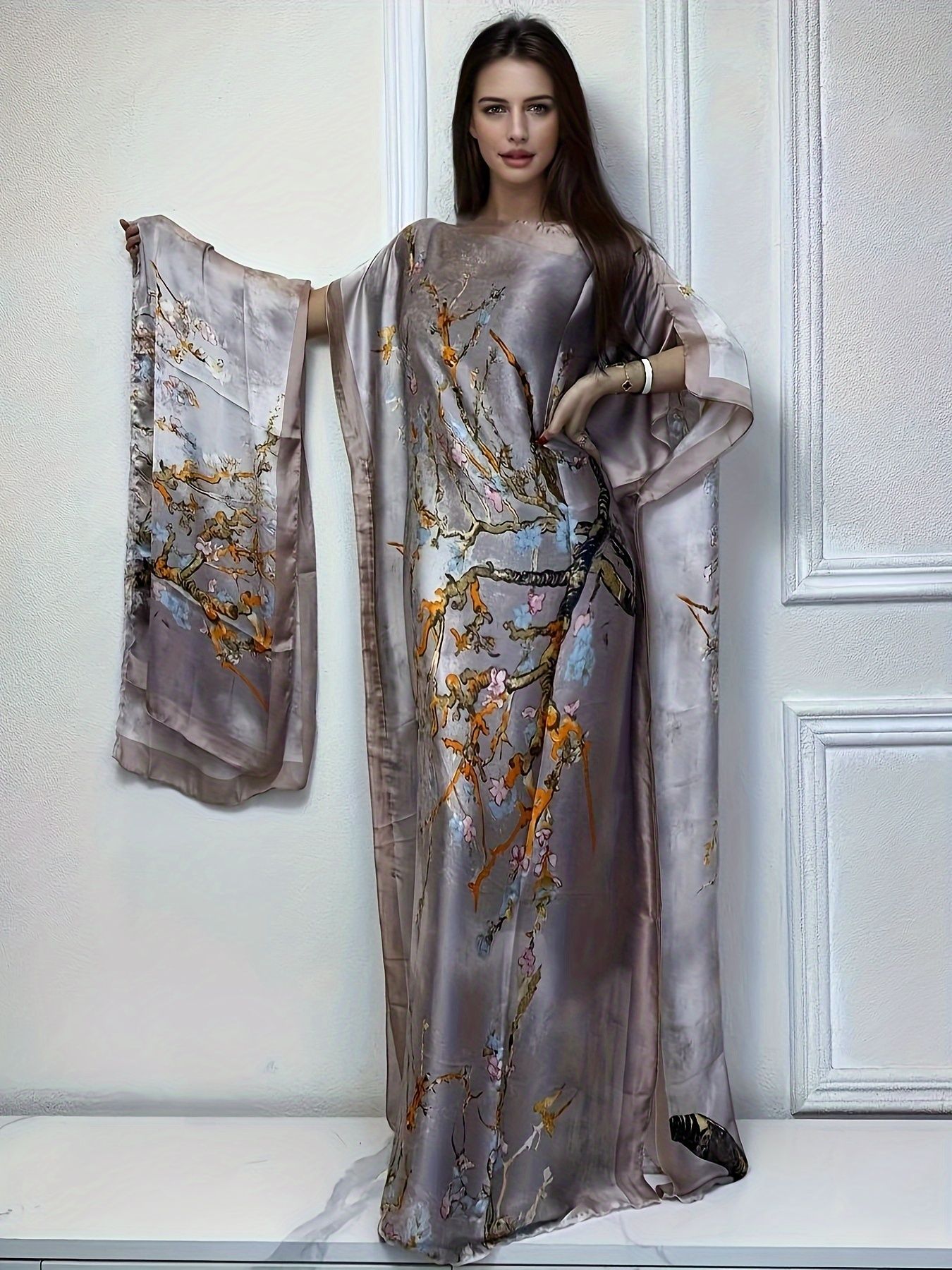 Africa Kaftan Tree Print Crew Neck Kaftan Dress Elegant Batwing Sleeve Loose Fit Maxi Dress With A Hijab Women's Abaya Robe silk feeling Dress