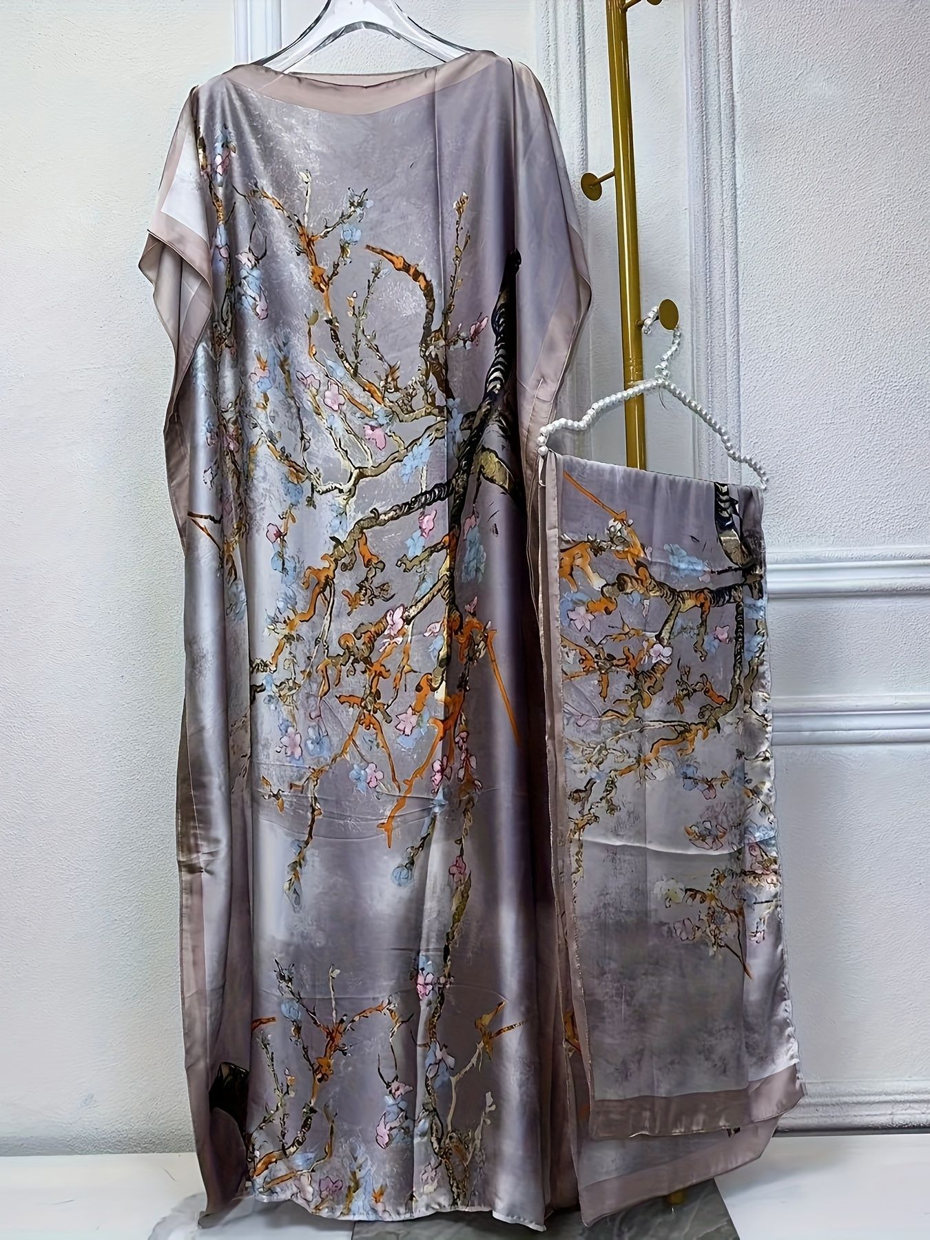 Africa Kaftan Tree Print Crew Neck Kaftan Dress Elegant Batwing Sleeve Loose Fit Maxi Dress With A Hijab Women's Abaya Robe silk feeling Dress