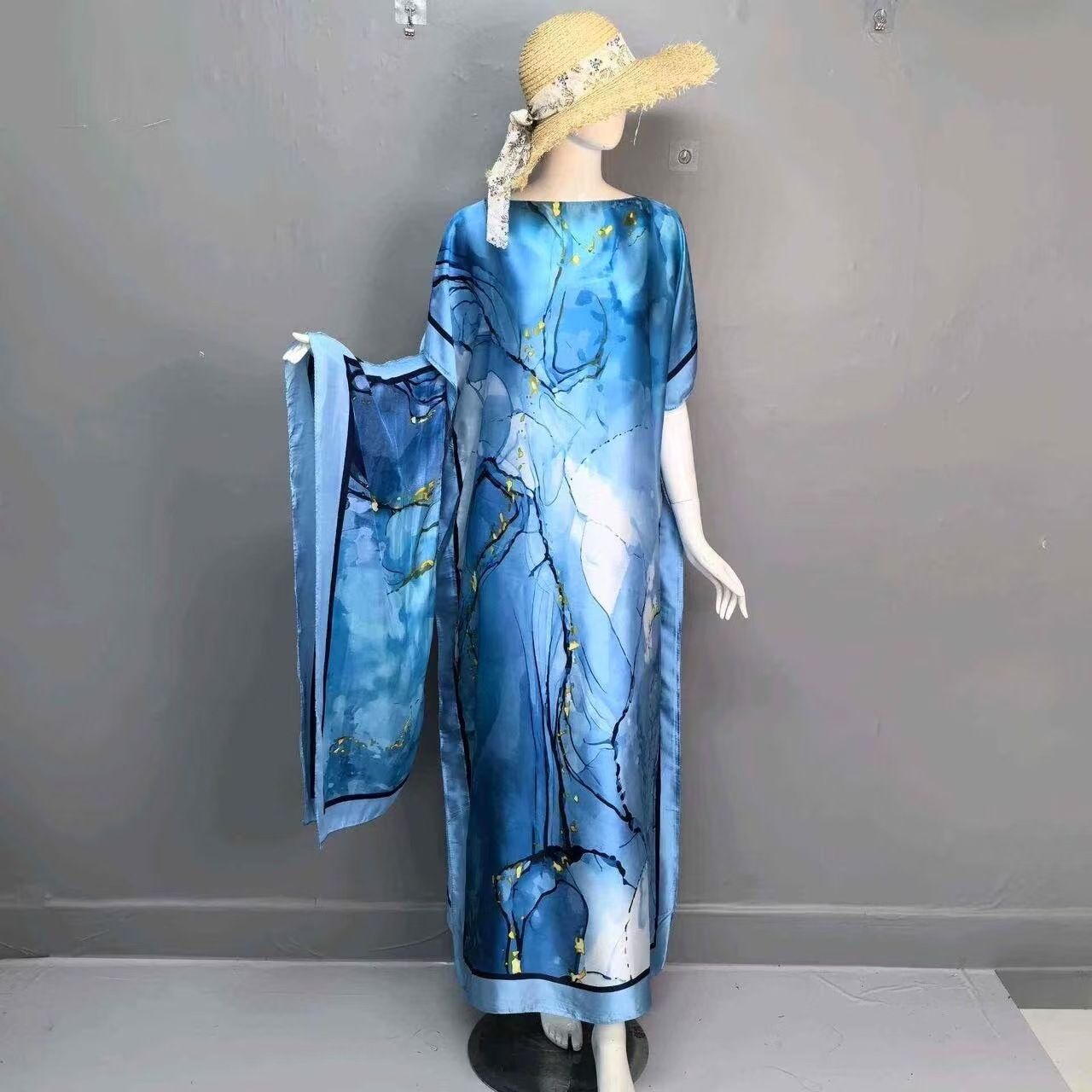 Africa Kaftan Tree Print Crew Neck Kaftan Dress Elegant Batwing Sleeve Loose Fit Maxi Dress With A Hijab Women's Abaya Robe silk feeling Dress