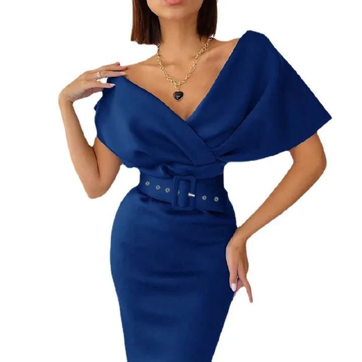 Women's Autumn New Arrivals - Elegant Off-Shoulder High-Waist Dress, Waist-Accentuating Design with Matching Belt, Airy Lightweight Fabric