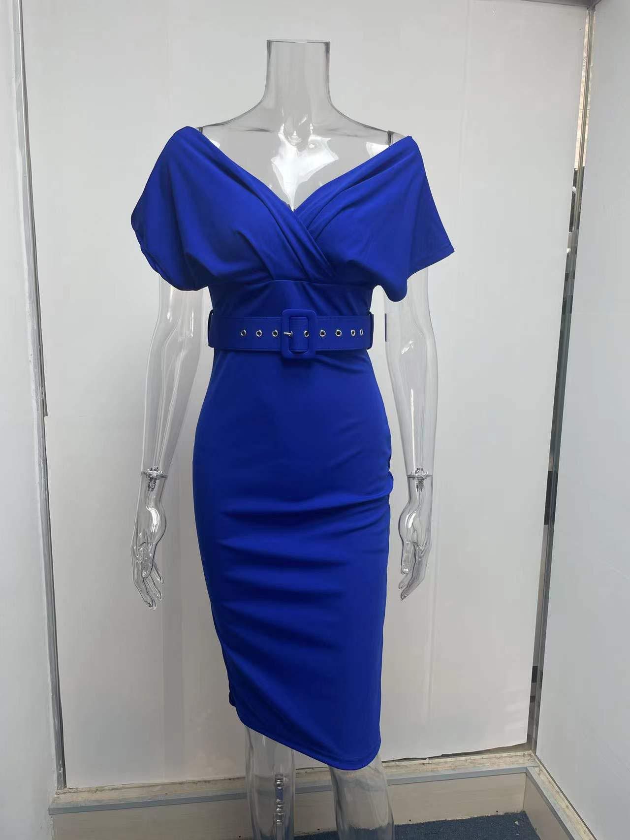 Women's Autumn New Arrivals - Elegant Off-Shoulder High-Waist Dress, Waist-Accentuating Design with Matching Belt, Airy Lightweight Fabric