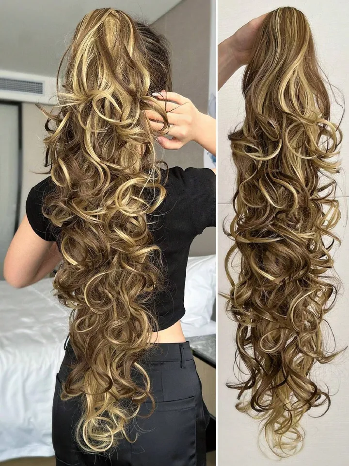 Ladies Big Wavy Curly Water Wave Clip In Hair Extensions Long Body Wave Ponytail Claw Curly Wavy Ponytail