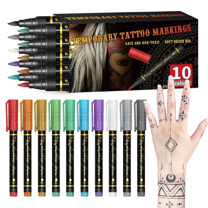 10 Colors Washable Temporary Tattoo Marker for Skin Fake Body Paint Tattoos Face Painting Kit Birthday Halloween Christmas Gift Ideas