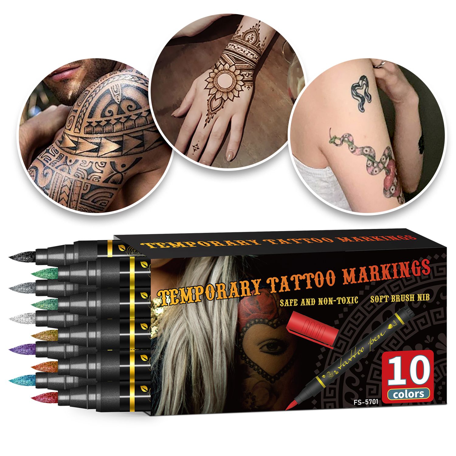 10 Colors Washable Temporary Tattoo Marker for Skin Fake Body Paint Tattoos Face Painting Kit Birthday Halloween Christmas Gift Ideas