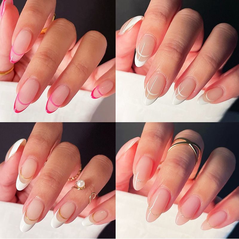 96-Piece French Manicure Press-On Nails Set - Almond Shaped Fake Nails with Glue, Reusable & Detachable, Minimalist INS Style Nail Art (Cross-Border Collection)