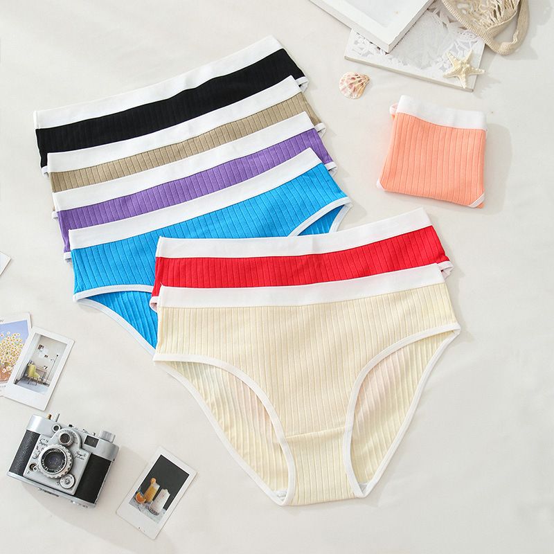5PCS Ladies' Cotton Panties with Ribbed & Color-Block Shiny Design Anti-Sweat Cotton Quick-Dry for Rainy Season