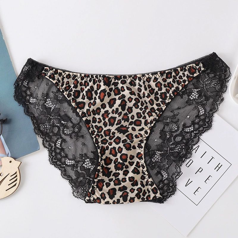 5PCS Lace and leopard print women's seamless ice silk sexy thin panties, suitable for girls, Japanese style, plus size with cotton crotch, low-waist triangle underwear