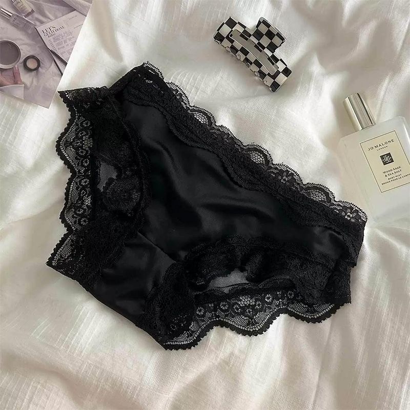Sweet and innocent yet seductive satin hollowed-out transparent triangle panties with black lace trim for women, low-waisted.