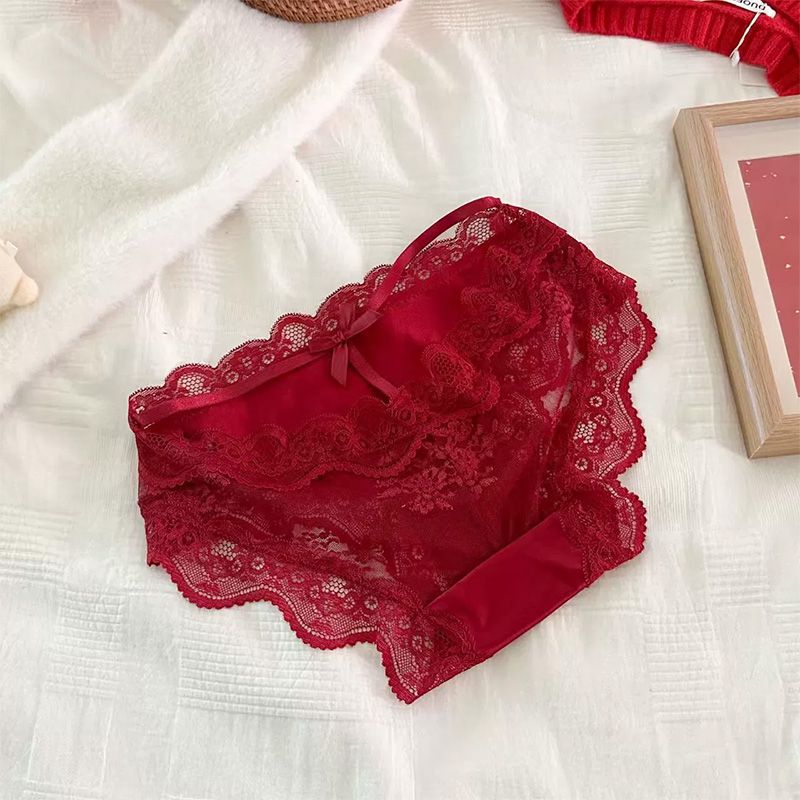 Sweet and innocent yet seductive satin hollowed-out transparent triangle panties with black lace trim for women, low-waisted.