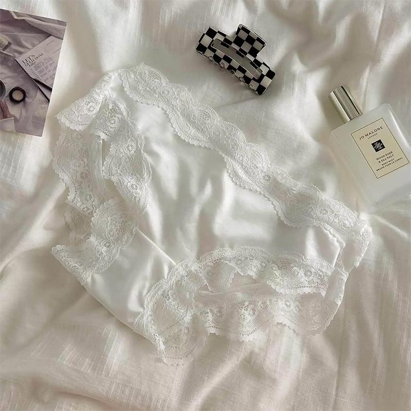 Sweet and innocent yet seductive satin hollowed-out transparent triangle panties with black lace trim for women, low-waisted.