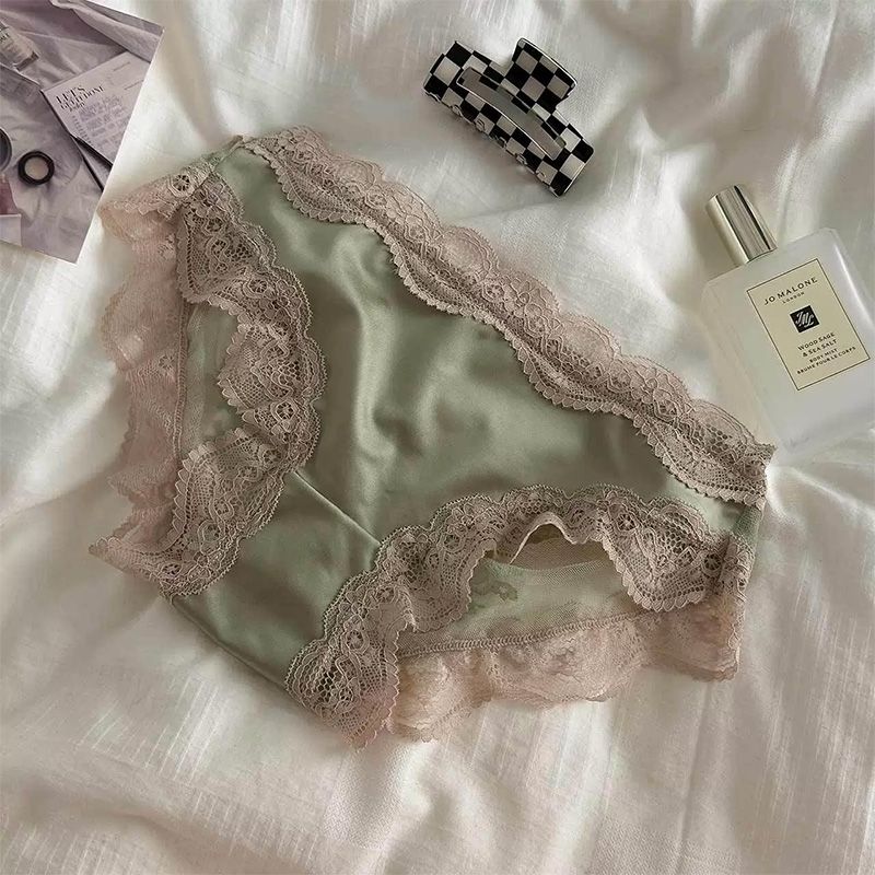 Sweet and innocent yet seductive satin hollowed-out transparent triangle panties with black lace trim for women, low-waisted.