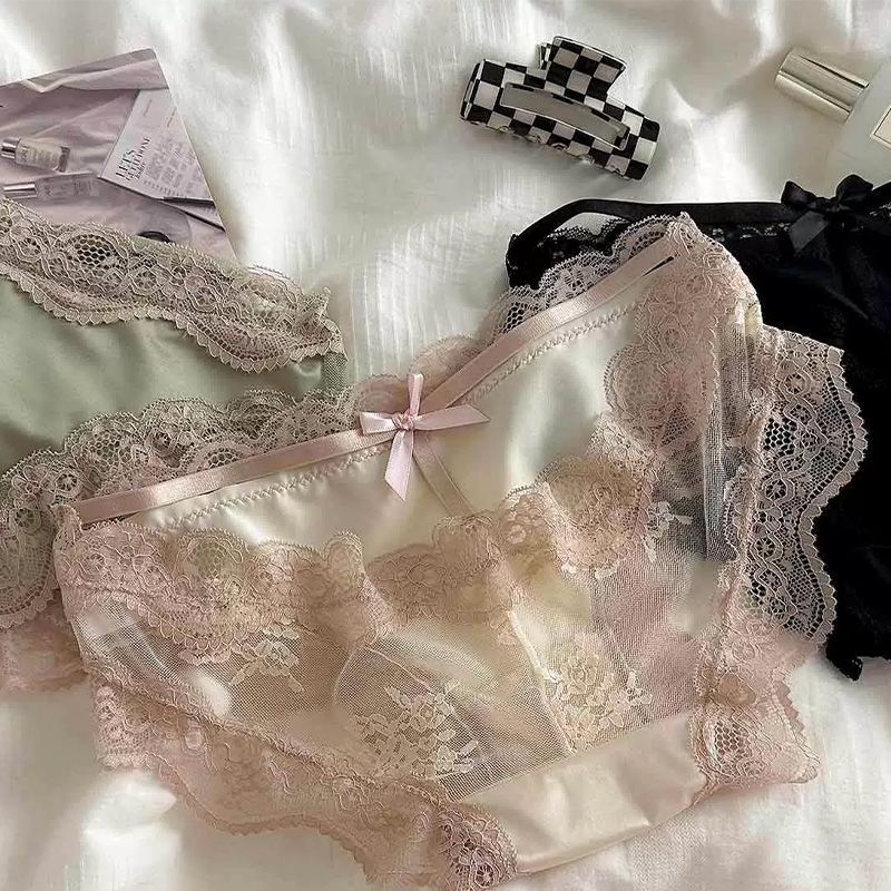 Sweet and innocent yet seductive satin hollowed-out transparent triangle panties with black lace trim for women, low-waisted.