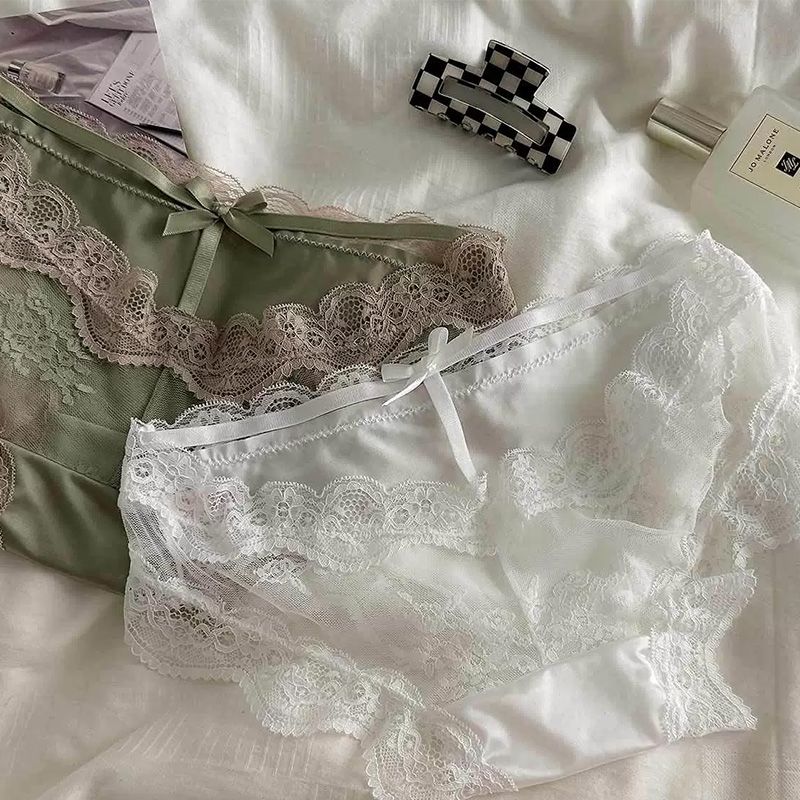 Sweet and innocent yet seductive satin hollowed-out transparent triangle panties with black lace trim for women, low-waisted.