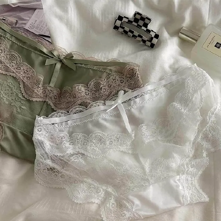 Sweet and innocent yet seductive satin hollowed-out transparent triangle panties with black lace trim for women, low-waisted.