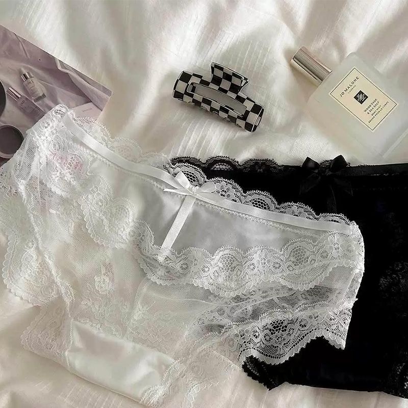 Sweet and innocent yet seductive satin hollowed-out transparent triangle panties with black lace trim for women, low-waisted.