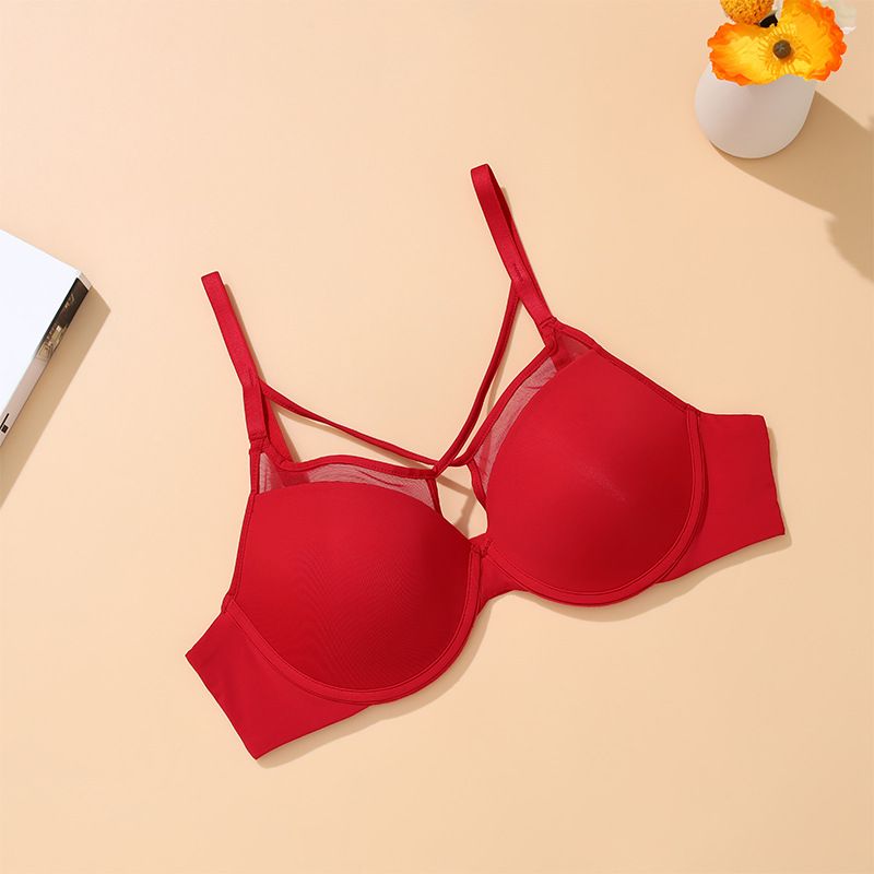Women's Underwire Bra - 3/4 Cup Thin Padded, Gathering & Lifting, Fixed Straps, Double Back Clasps, Comfortable Nylon Fabric, Nude/Black/Red/Purple, Sizes 75B-85D, Simple Casual Style