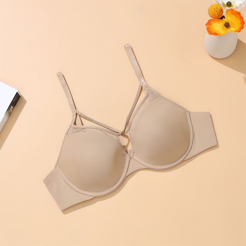 Women's Underwire Bra - 3/4 Cup Thin Padded, Gathering & Lifting, Fixed Straps, Double Back Clasps, Comfortable Nylon Fabric, Nude/Black/Red/Purple, Sizes 75B-85D, Simple Casual Style