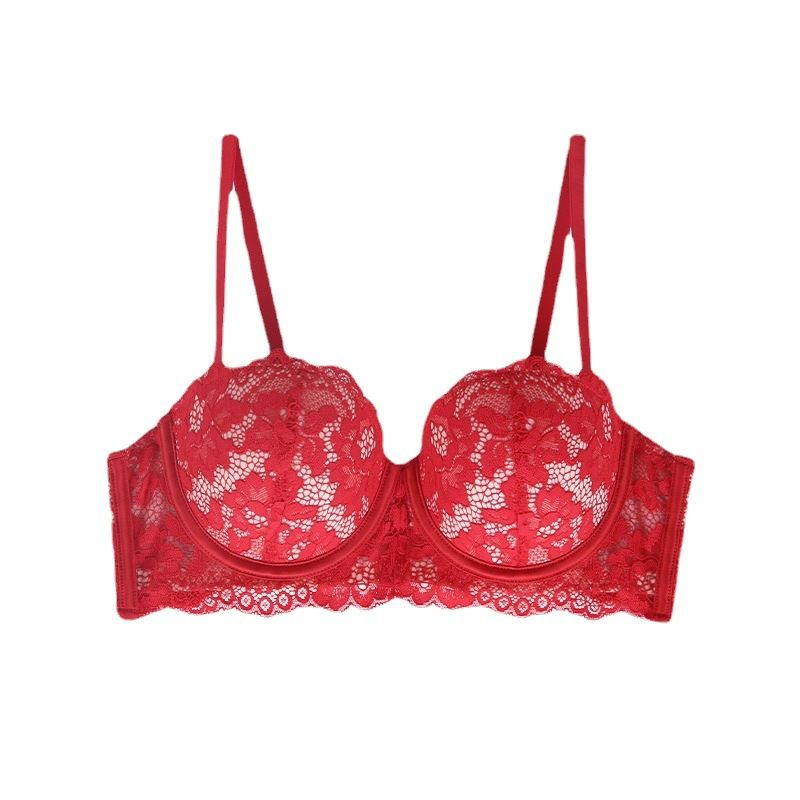 French Charm Lace Bra - Underwire 1/2 Cup with Slim-Top & Plump-Bottom Cups, Detachable Straps (Nylon+Spandex) Breathable 90% Nylon, White/Black/Scarlet, Sizes 70A-85C, All-Season Elegance