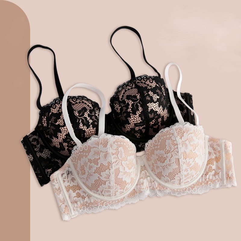 French Charm Lace Bra - Underwire 1/2 Cup with Slim-Top & Plump-Bottom Cups, Detachable Straps (Nylon+Spandex) Breathable 90% Nylon, White/Black/Scarlet, Sizes 70A-85C, All-Season Elegance