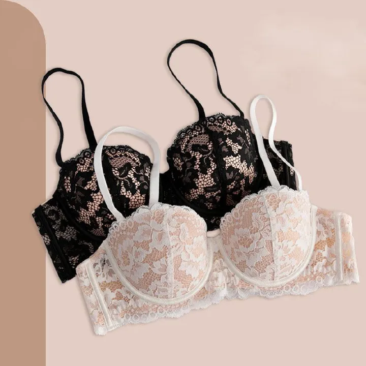 French Charm Lace Bra - Underwire 1/2 Cup with Slim-Top & Plump-Bottom Cups, Detachable Straps (Nylon+Spandex) Breathable 90% Nylon, White/Black/Scarlet, Sizes 70A-85C, All-Season Elegance