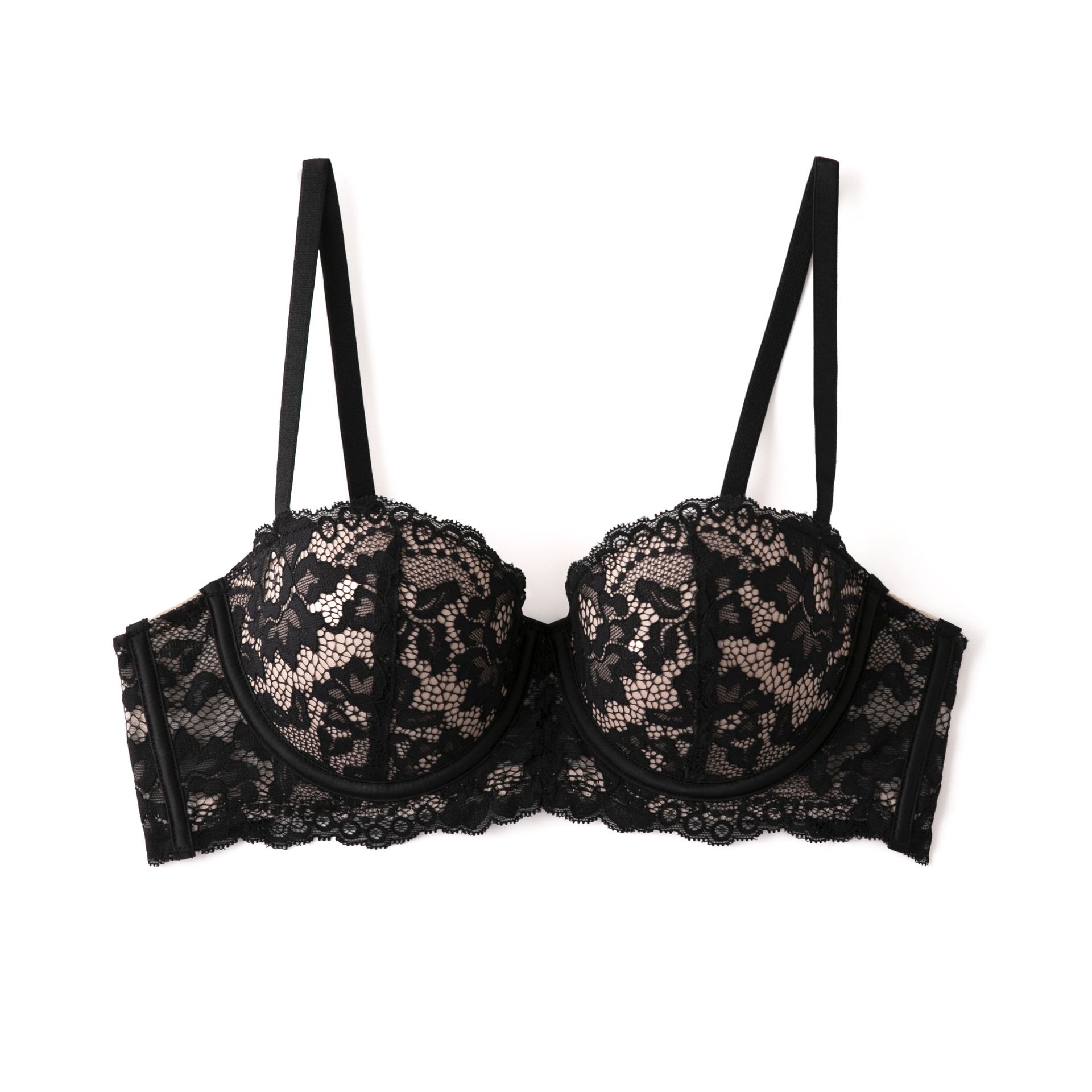 French Charm Lace Bra - Underwire 1/2 Cup with Slim-Top & Plump-Bottom Cups, Detachable Straps (Nylon+Spandex) Breathable 90% Nylon, White/Black/Scarlet, Sizes 70A-85C, All-Season Elegance