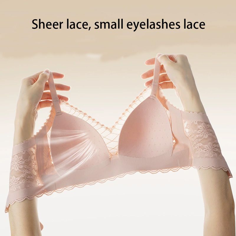 New spring and summer styles of breathable and comfortable women's seamless lace bras with a French sexy style, suitable for large breasts to create a slimming effect, wire-free and with thin cups.