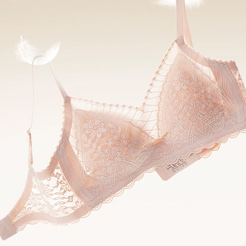New spring and summer styles of breathable and comfortable women's seamless lace bras with a French sexy style, suitable for large breasts to create a slimming effect, wire-free and with thin cups.